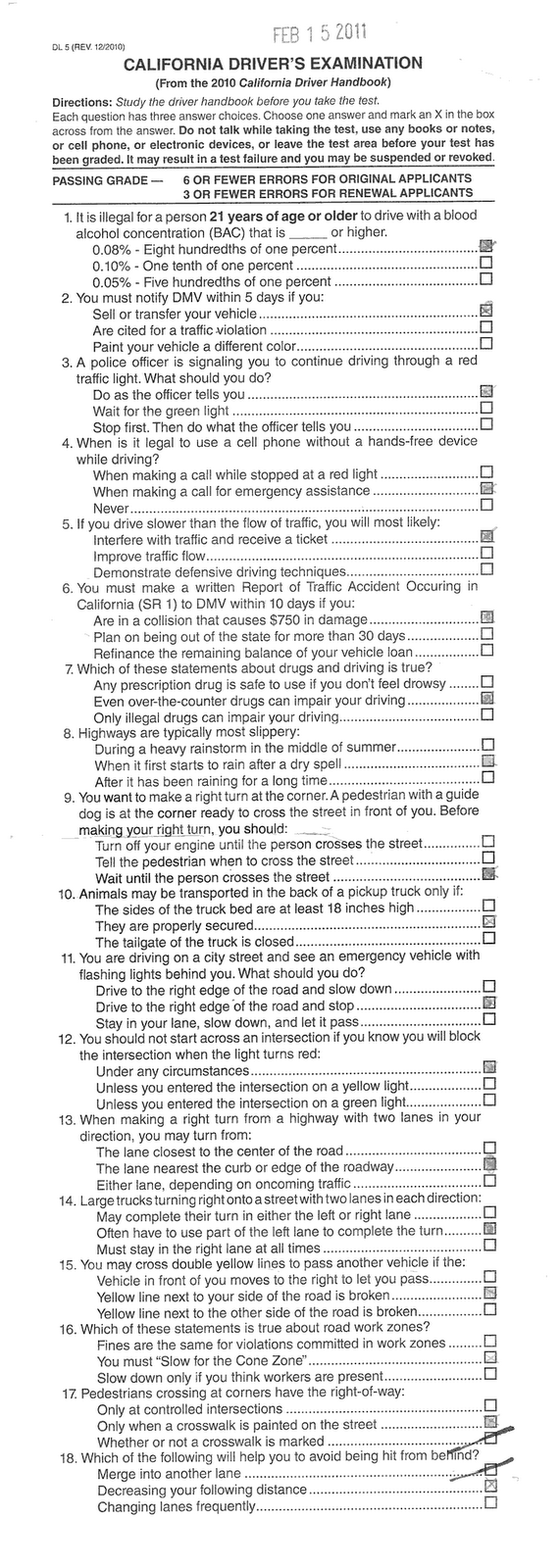 printable driving test and answers